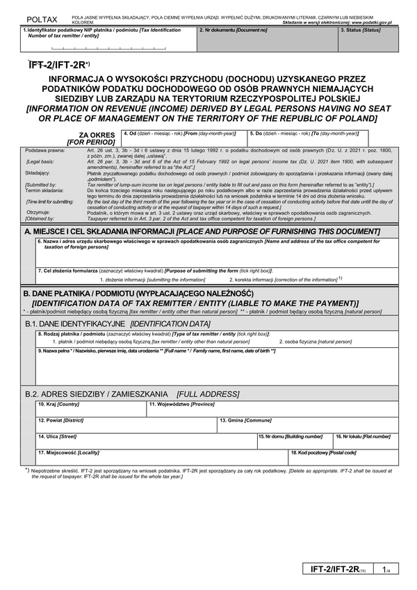 IFT-2R (10) (2022-2024) Informacja o wysokości przychodu (dochodu) uzyskanego przez podatników podatku dochodowego od osób prawnych niemających siedziby lub zarządu na terytorium Rzeczypospolitej Polskiej