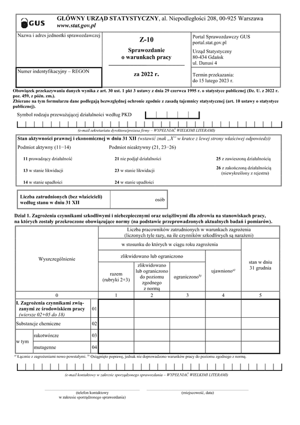 GUS Z-10 (2022) (archiwalny) Sprawozdanie o warunkach pracy za 2022 rok
