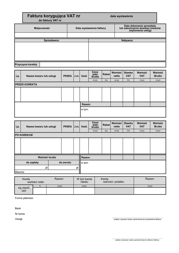 FVKOR(b1) (od 2014) (archiwalny) Faktura korygująca VAT brutto (1 pozycja) 