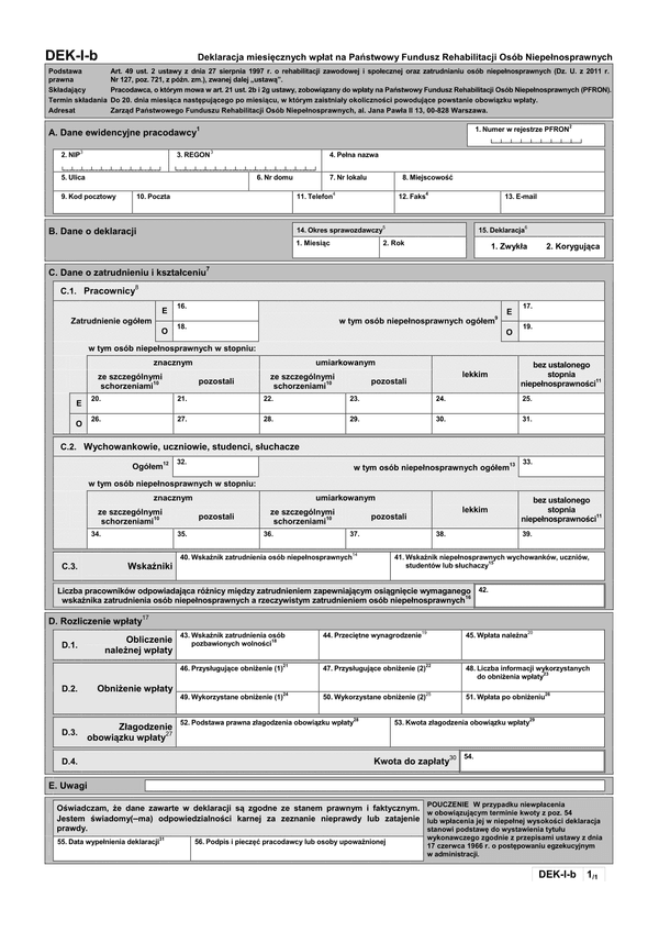 PFRON DEK-I-b (archiwalny) Deklaracja miesięcznych wpłat na Państwowy Fundusz Rehabilitacji Osób Niepełnosprawnych