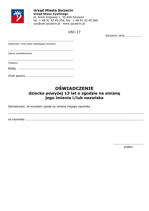 OD-Sz  Oświadczenie dziecka powyżej 13 lat o zgodzie na zmianę jego imienia i/lub nazwiska - Szczecin