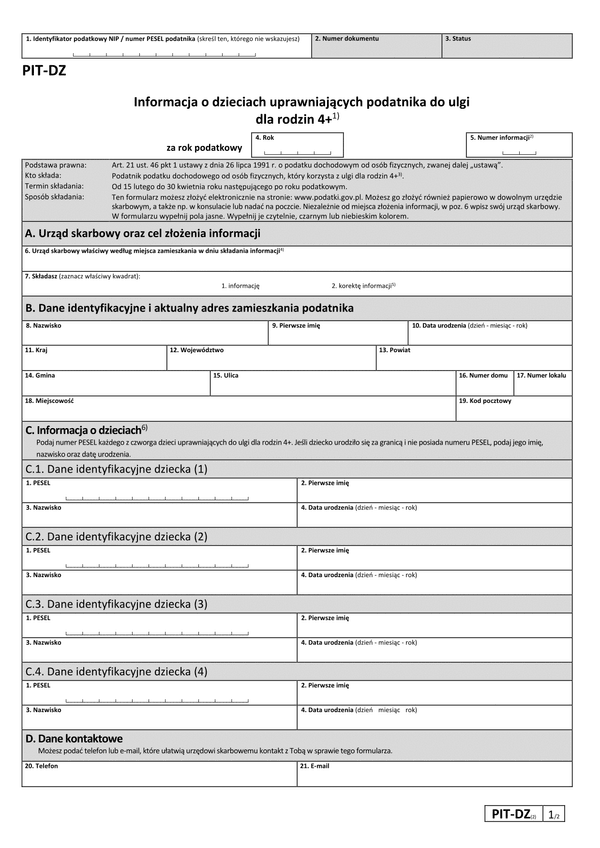 PIT-DZ (2) Informacja o dzieciach uprawniających podatnika do ulgi dla rodzin 4+
