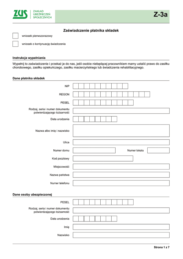 ZUS Z-3a Zaświadczenie płatnika składek - z wysyłką do PUE ZUS