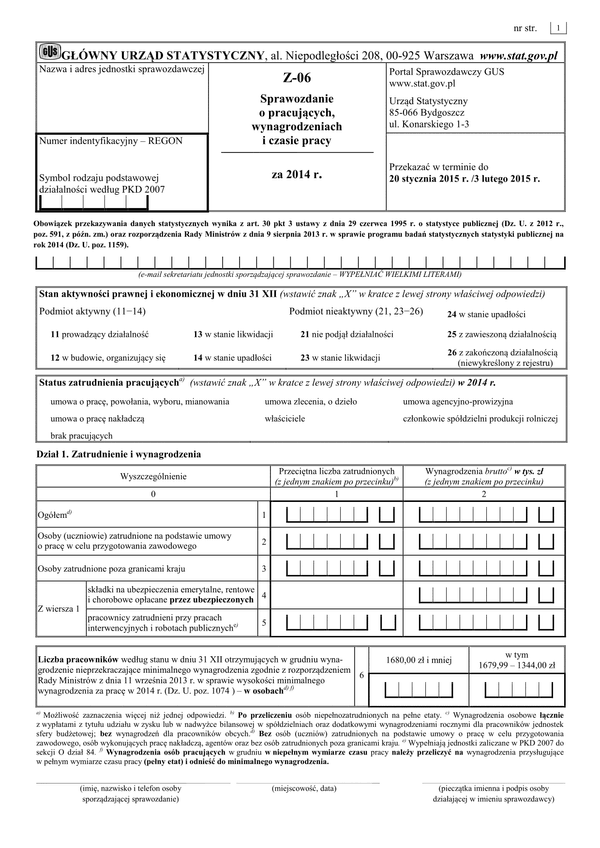 GUS Z-06 (2014) (archiwalny) Sprawozdanie o pracujących, wynagrodzeniach i czasie pracy za 2014 rok
