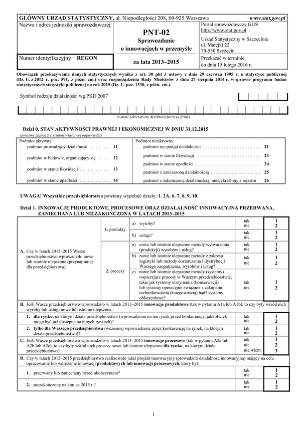 GUS PNT-02 (archiwalny) (2013-2015) Sprawozdanie o innowacjach w przemyśle za lata 2013–2015