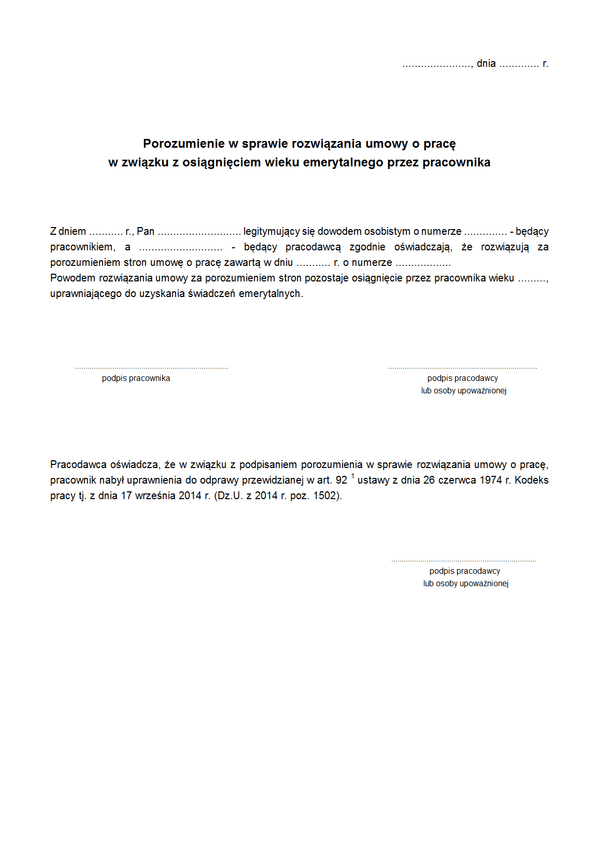 PRUPWE Porozumienie w sprawie rozwiązania umowy o pracę w związku z osiągnięciem wieku emerytalnego przez pracownika