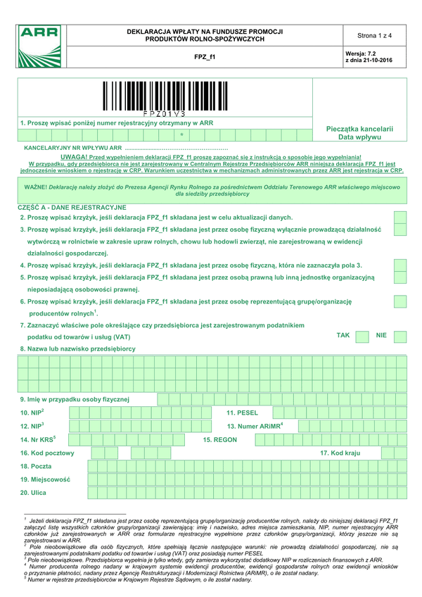 ARR FPZ_f1 7.2 (archiwalny) Deklaracja wpłaty na fundusze promocji produktów rolno-spożywczych