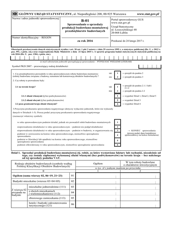 GUS B-01 (2016) (archiwalny) Sprawozdanie o sprzedaży produkcji budowlano-montażowej przedsiębiorstw budowlanych za rok 2016