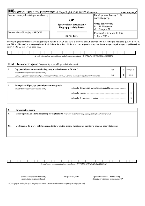 GUS GP (2016) (archiwalny) Sprawozdanie statystyczne dla grup przedsiębiorstw za rok 2016